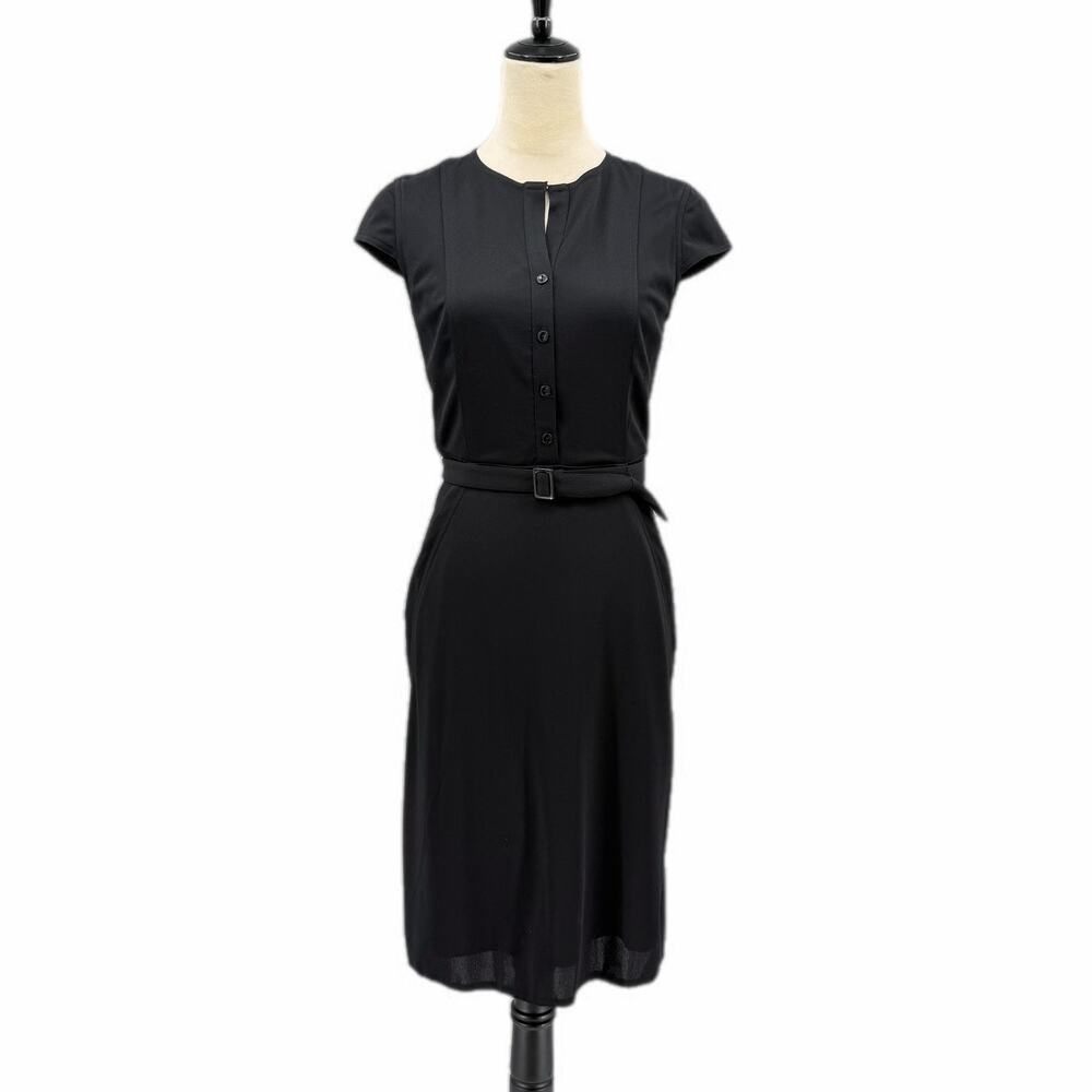 Kay Unger Black Waist Belt Short Cap Sleeve Upper Button Shift Business Dress